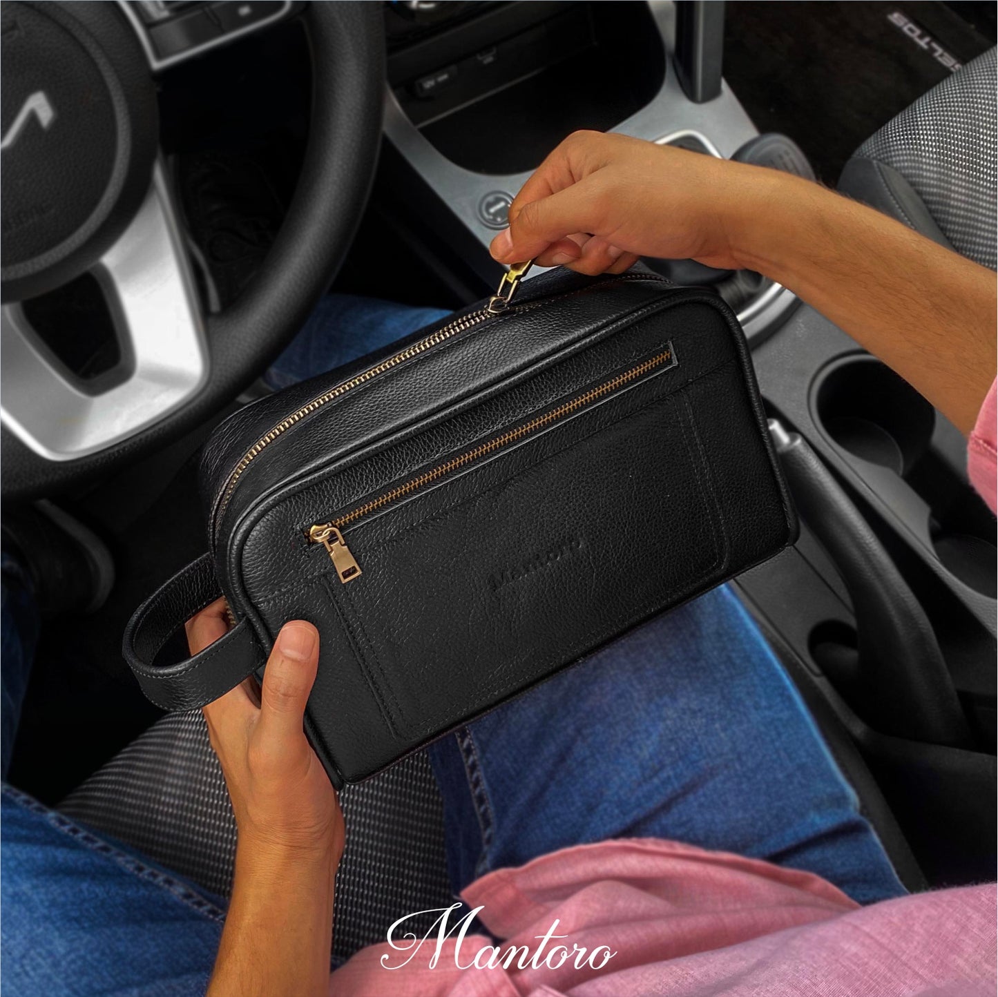 Neceser cuero vacuno negro para hombre