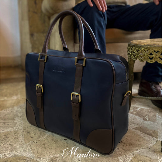 Maletín vintage 100% cuero vacuno Mantoro color azul con marrón