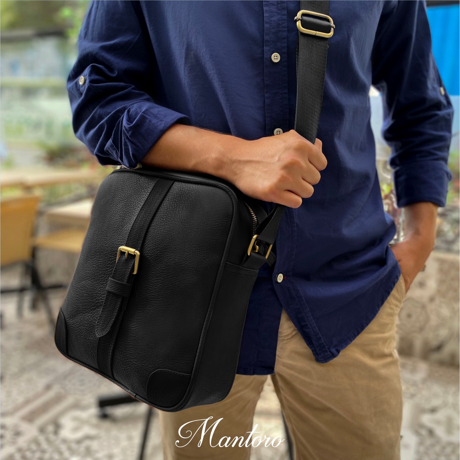 Morral hombres cuero vegano color negro con bronce