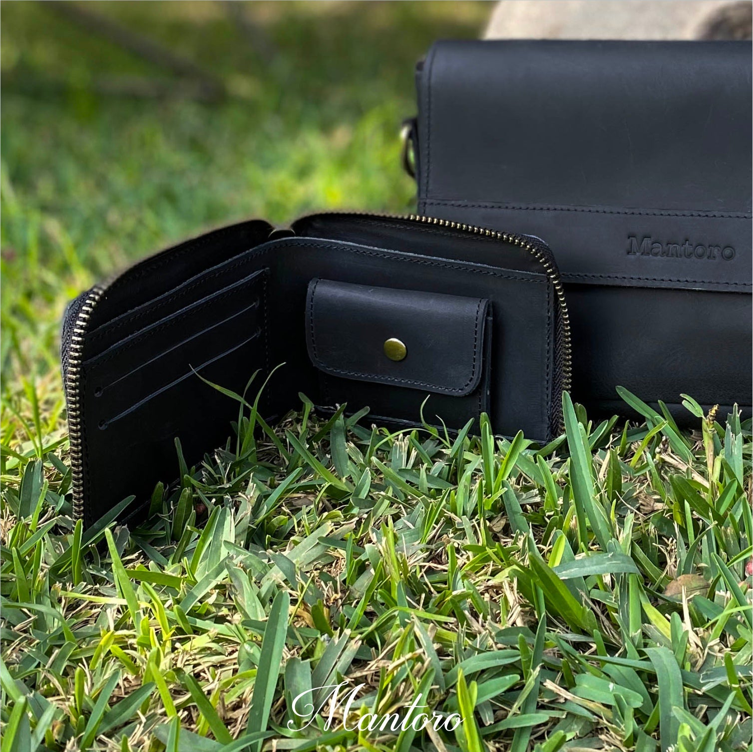 billetera abierta negro de cuero rustico  para hombre